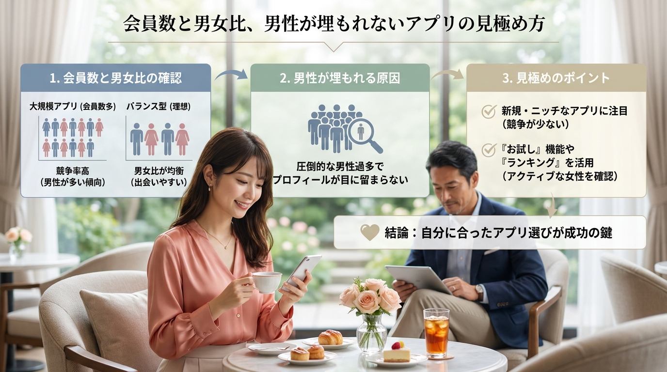 会員数と男女比、男性が埋もれないアプリの見極め方