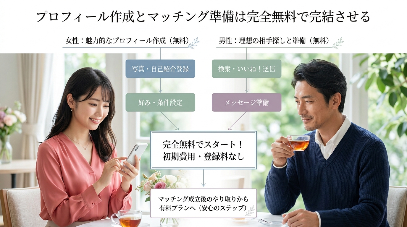 プロフィール作成とマッチング準備は完全無料で完結させる